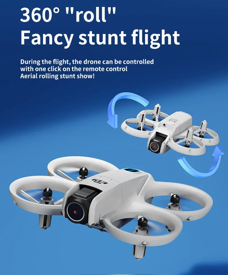 Uitgevouwen 8K UHD professionele drone met borstelloze motoren en obstakelvermijding, zwevend in de lucht.