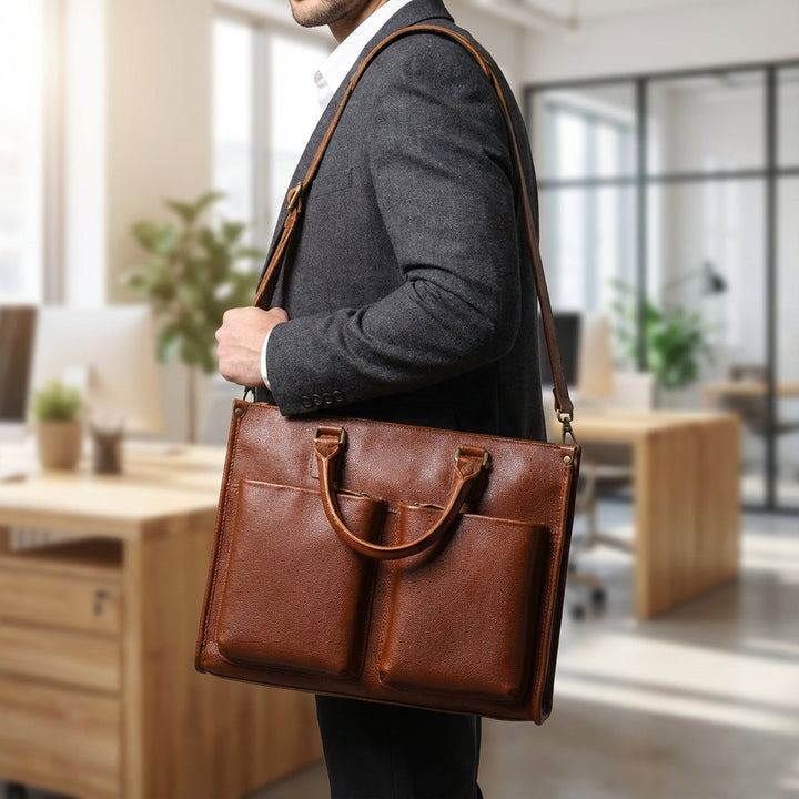 Professionele Leatheron aktetas met ruim laptopvak, perfect voor zakelijke documenten.