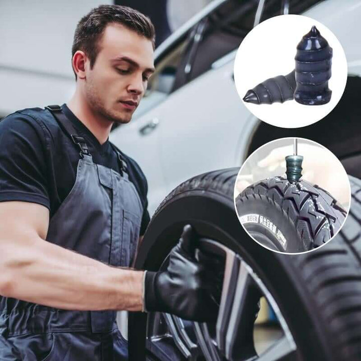 Detailopname van de tubeless bandenreparatiekit met pluggen en gereedschap voor noodreparatie.