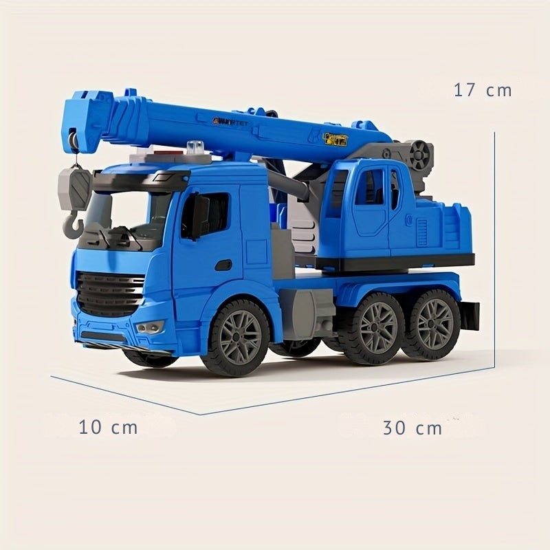 Duurzame ABS kunststof speelgoed kraanwagen met uitschuifbare arm voor jonge bouwers.
