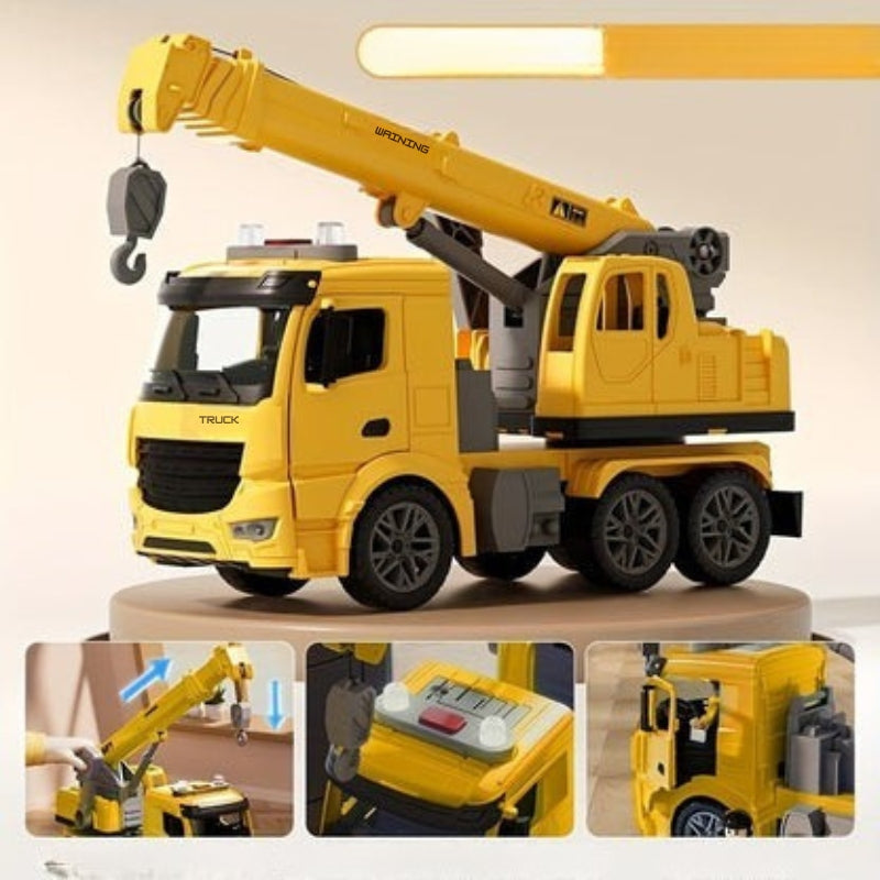 Detailrijke speelgoed kraanwagen met werkende lichten en realistische bouwgeluiden voor kinderen.