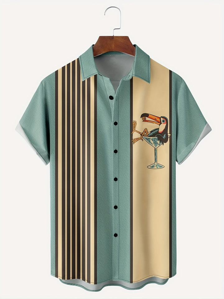 "Retro gestreept herenoverhemd met vogel-in-wijnglazen print, korte mouwen, ademend katoen, nostalgische look"