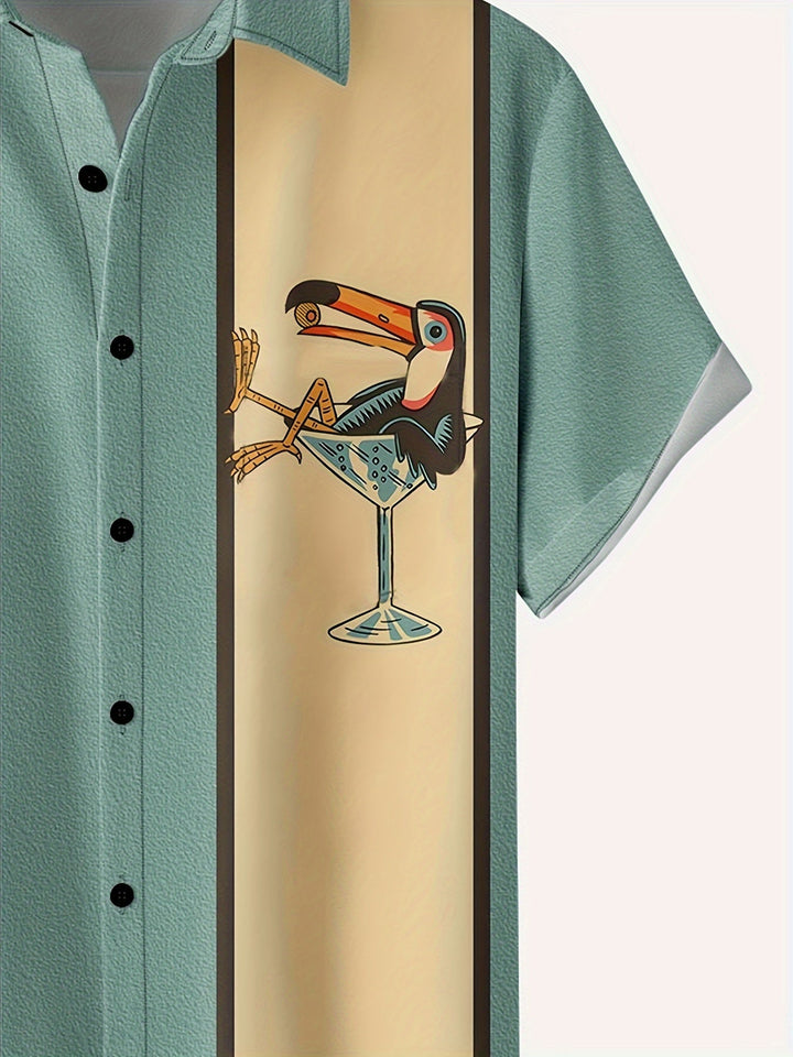 "Retro gestreept herenoverhemd met vogel-in-wijnglazen print, korte mouwen, ademend katoen, nostalgische look"