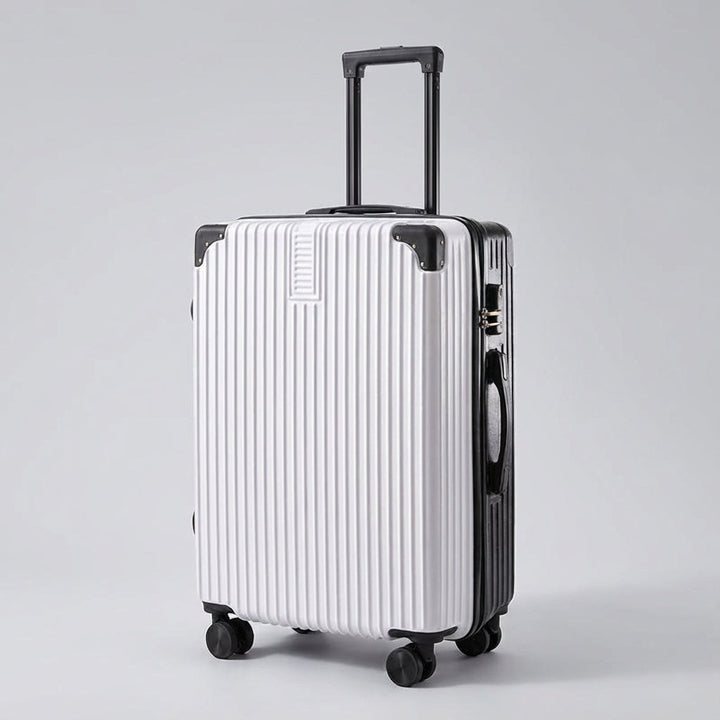 Elegante retro reiskoffer met beschermende hoeken, soepele wielen en handvat voor moeiteloos vervoer van bagage.