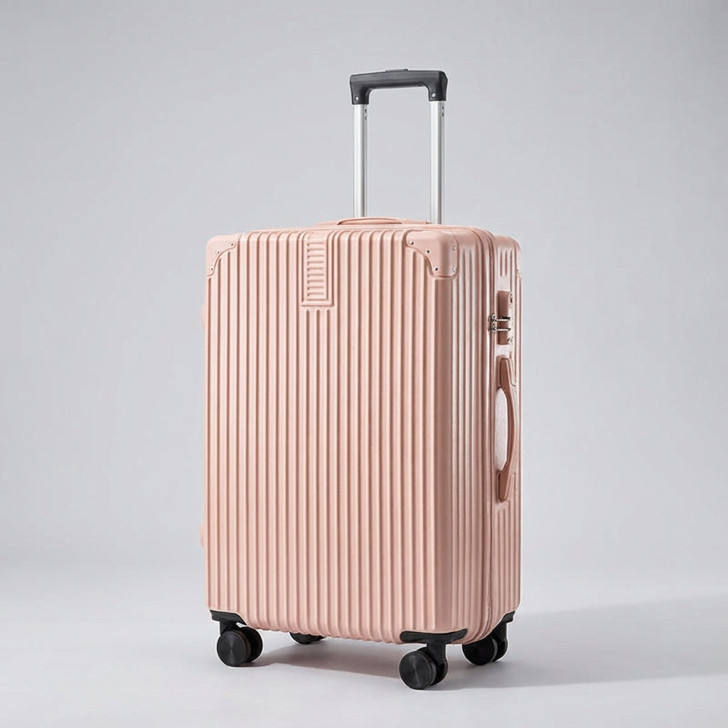 Klassieke retro reiskoffer met hoekbescherming en flexibele wielen, perfecte bagage voor elke duurzame vakantie.