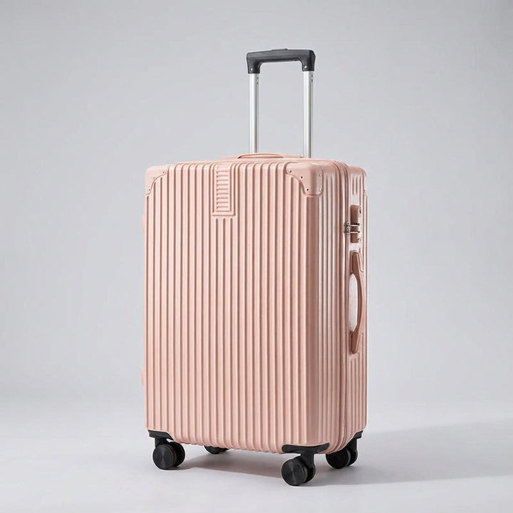 Klassieke retro reiskoffer met hoekbescherming en flexibele wielen, perfecte bagage voor elke duurzame vakantie.