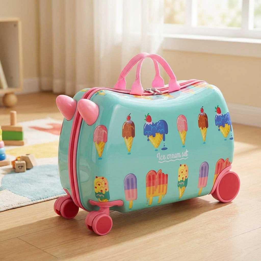 RidePop hardshell kinderreiskoffer met geïntegreerd zitje. Ideaal voor comfortabel reizen en vakanties met kinderen.