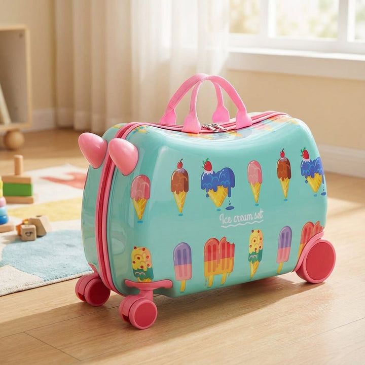 RidePop hardshell kinderreiskoffer met geïntegreerd zitje. Ideaal voor comfortabel reizen en vakanties met kinderen.
