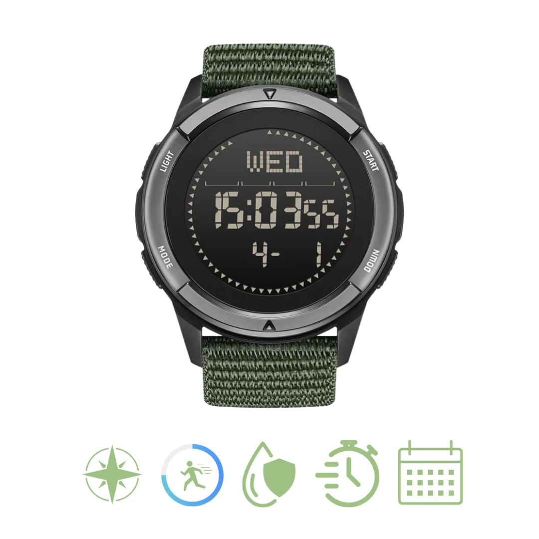 Waterdicht outdoor horloge met kompas voor heren; hypoallergeen en robuust voor extreme condities.