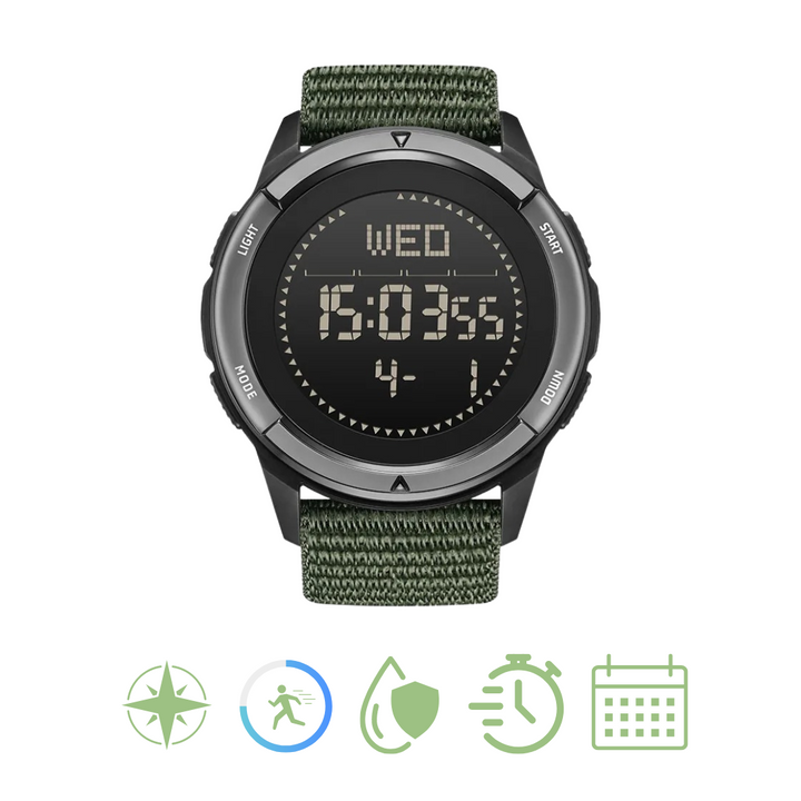 Waterdicht outdoor horloge met kompas voor heren; hypoallergeen en robuust voor extreme condities.