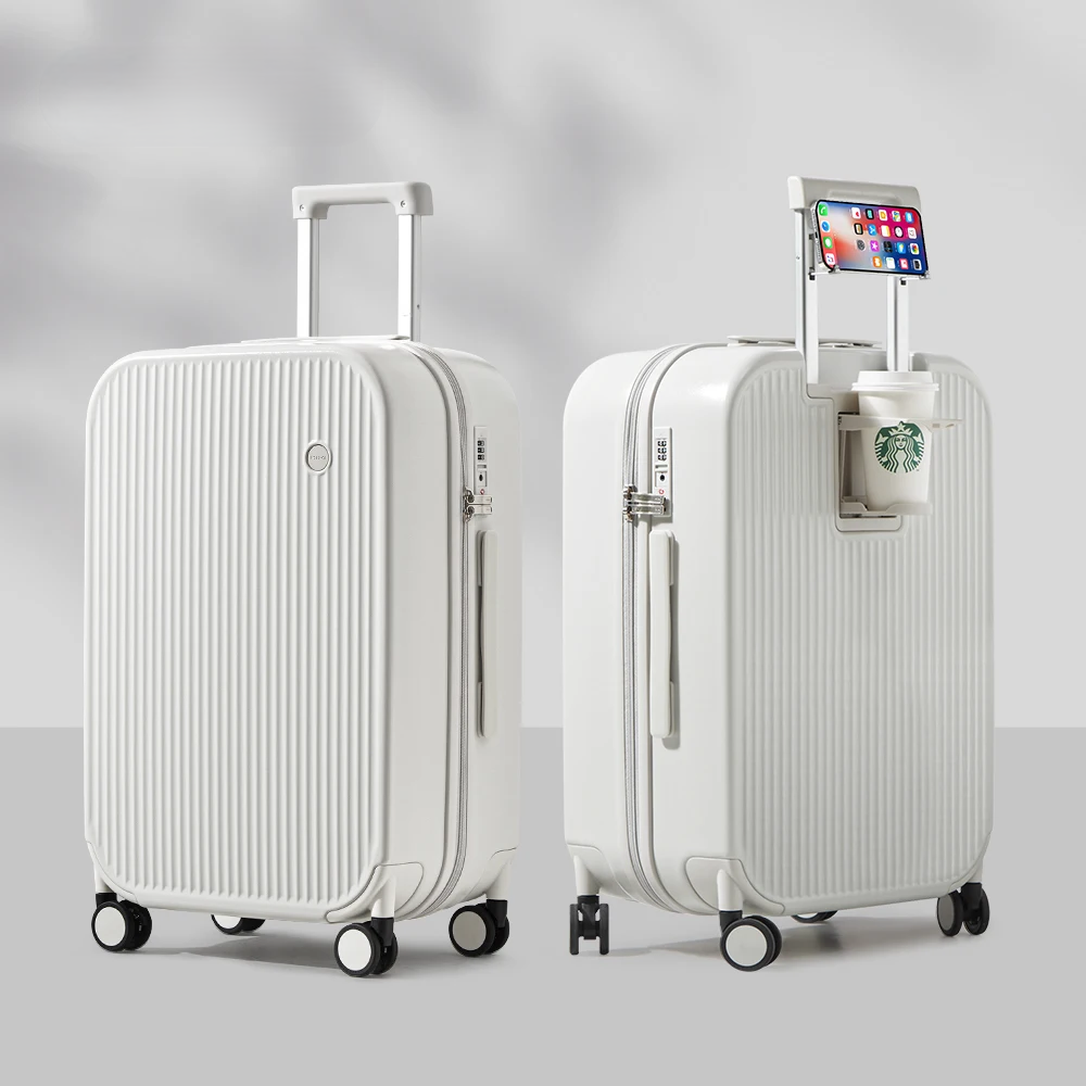 Interieur van harde reiskoffer Lyon met pakriemen en bekerhouder-functie; praktische trolley bagage.