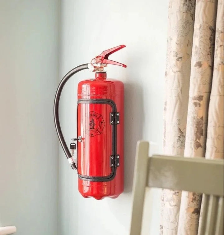 Verborgen bar in rood brandblusser uiterlijk. Ideaal voor discreet bewaren van flessen, een unieke toevoeging aan je interieur.