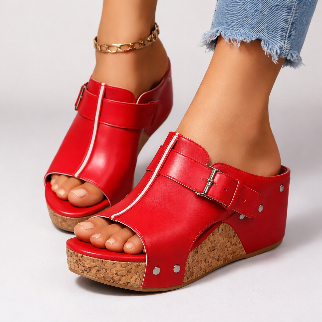 Rode dames wedge sandalen met gesp, comfortabele pasvorm en open neus. Stijlvolle zomerse look.