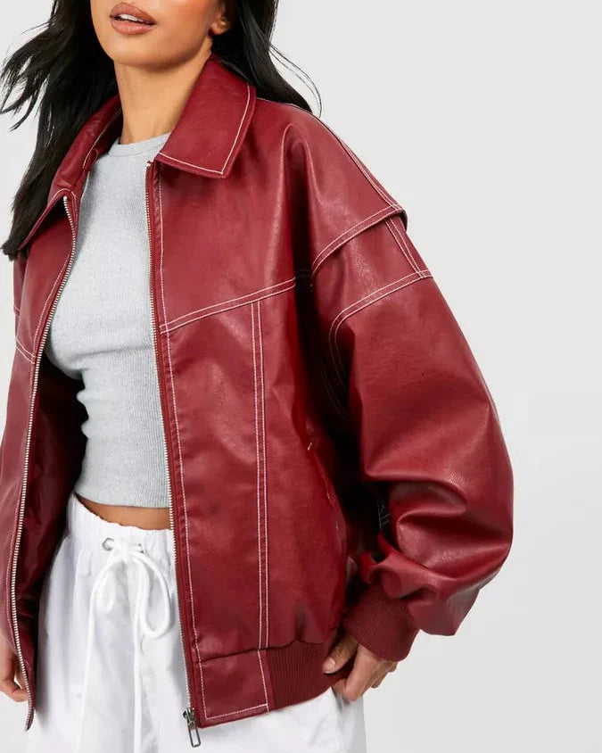 Rode oversized damesjas, comfortabel en elegant, perfect voor herfst- en wintermode.