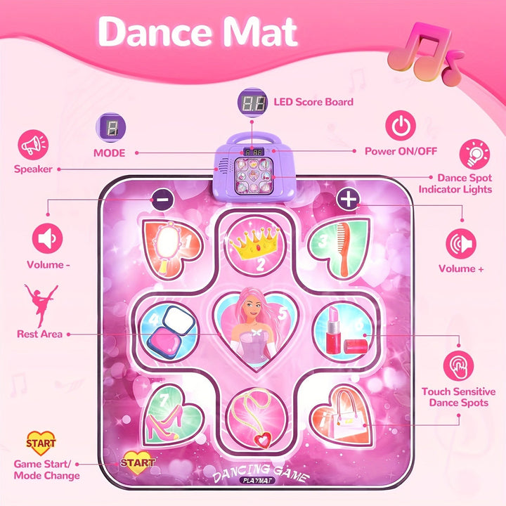 Blij meisje danst op roze interactieve dansmat; stimuleert coördinatie en beweging, ideaal cadeau voor kinderen.