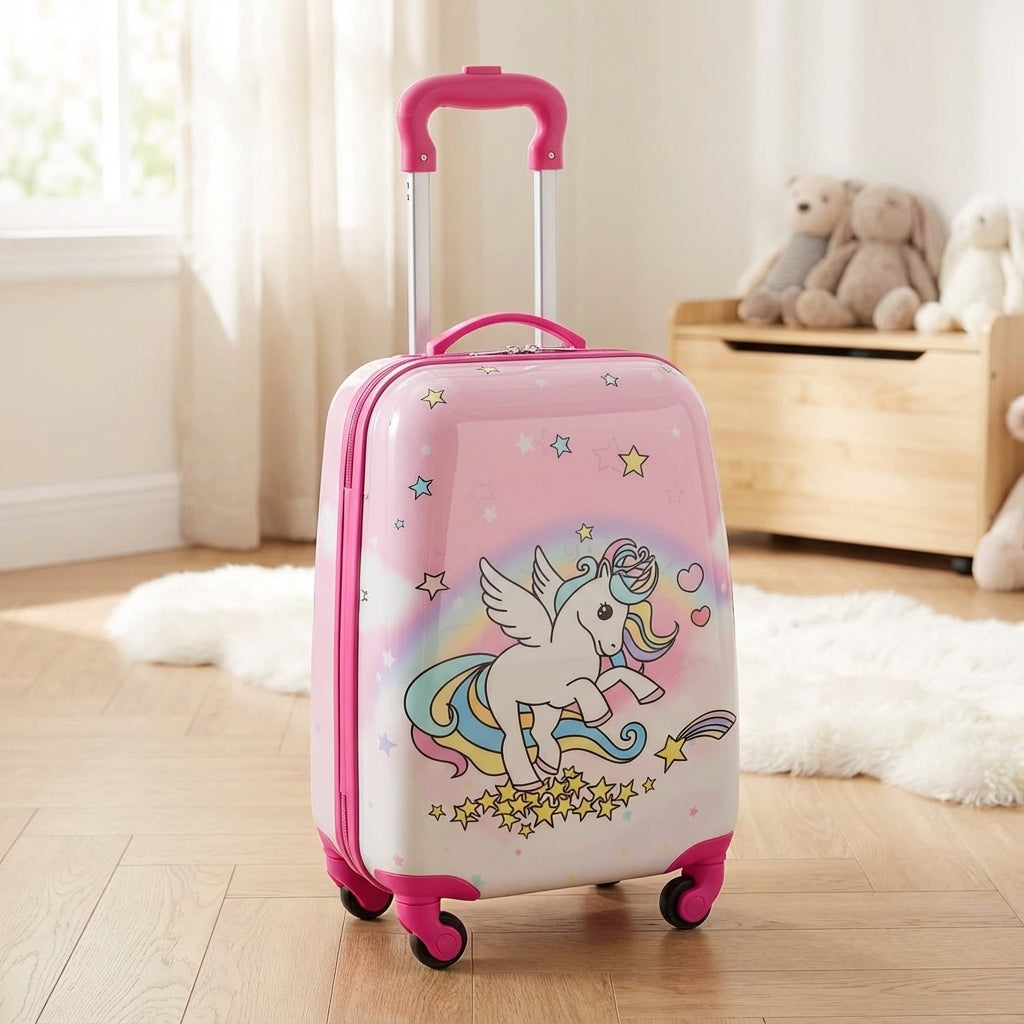 Roze harde kinderkoffer met wielen en eenhoorn design. Ideaal voor reizen en handbagage. Lichtgewicht en duurzaam.