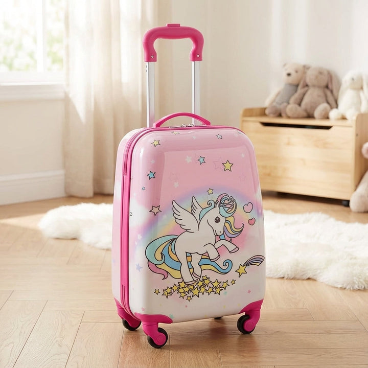 Roze harde kinderkoffer met wielen en eenhoorn design. Ideaal voor reizen en handbagage. Lichtgewicht en duurzaam.