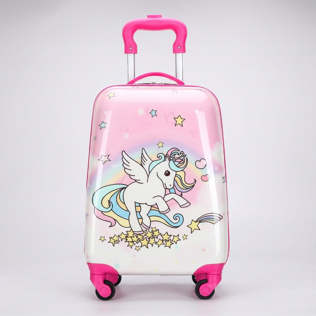 Lichtgewicht roze kindertrolley met wielen en eenhoorn opdruk. Perfecte handbagage voor jonge reizigers. Duurzaam.