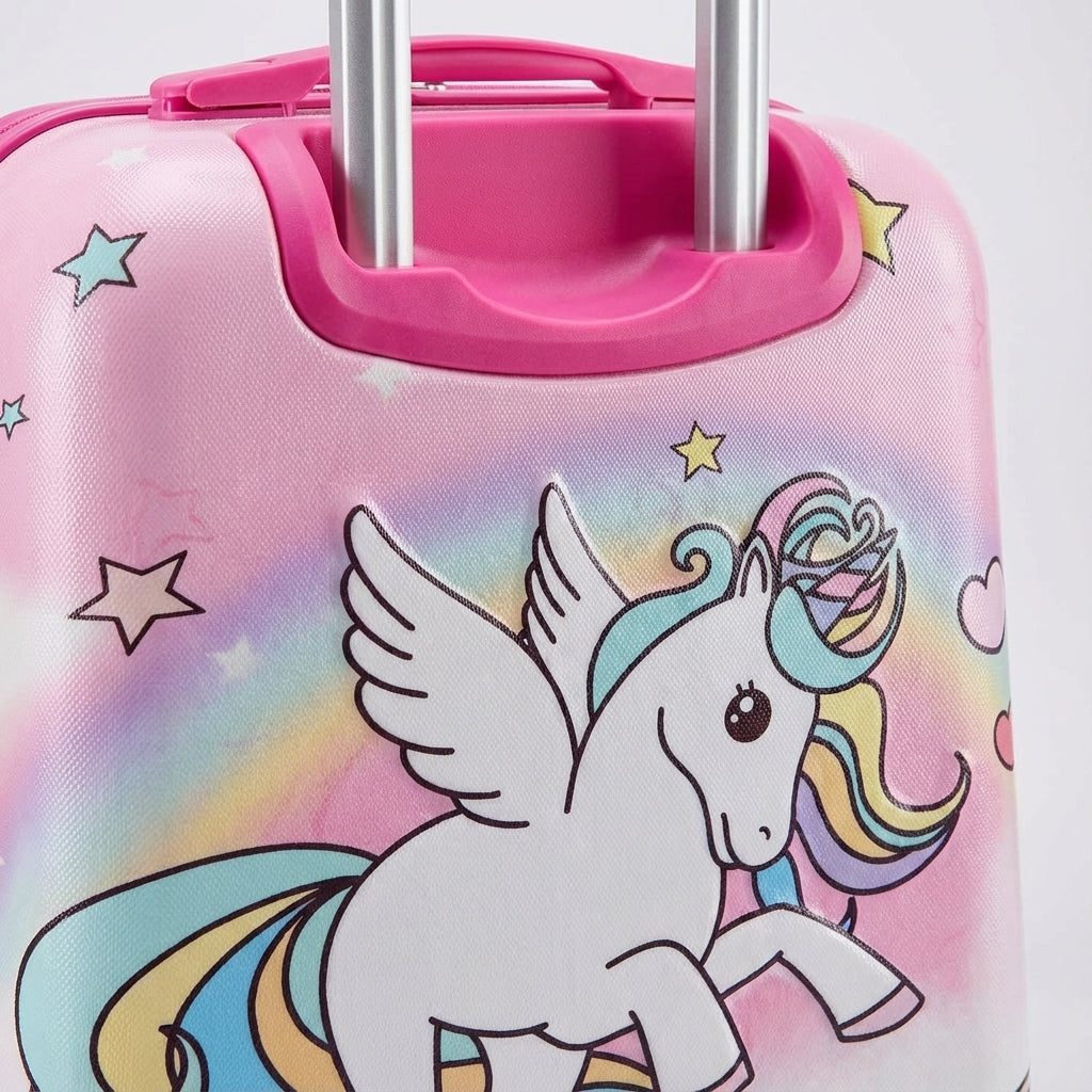 Duurzame roze kinderkoffer met eenhoorn print en soepele wielen. Handige handbagage voor elk kind op reis.