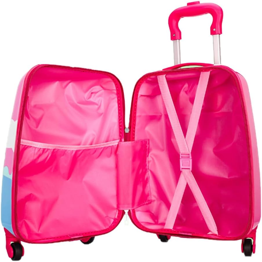 Harde roze kinderkoffer met vrolijke eenhoorn, stevige wielen. Ideaal voor het opbergen van bagage voor een kind.