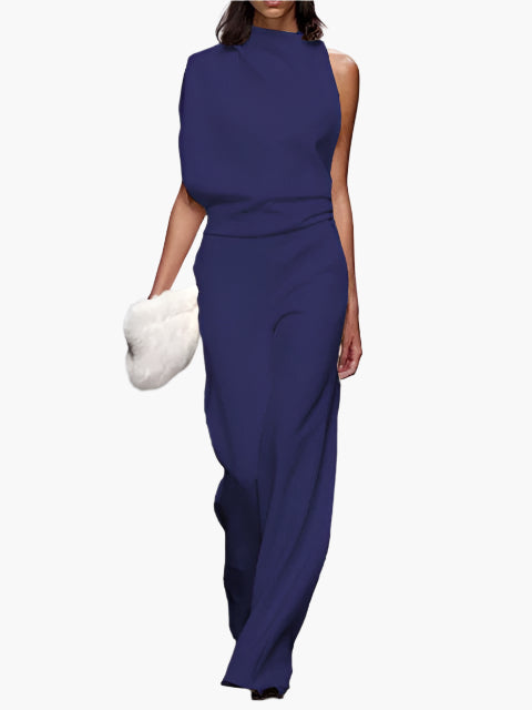 Details van de mouwloze dames jumpsuit: wijde pijpen, ronde hals, comfortabele en zachte stof.