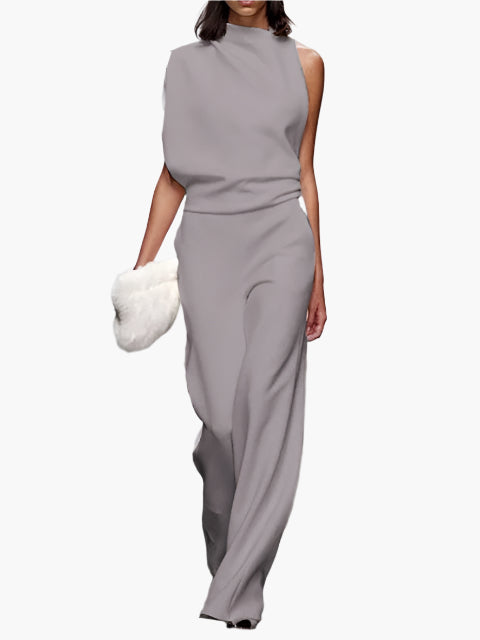 Zwarte elegante dames jumpsuit, mouwloos met wijde pijpen en ronde hals, veelzijdig voor elke gelegenheid.