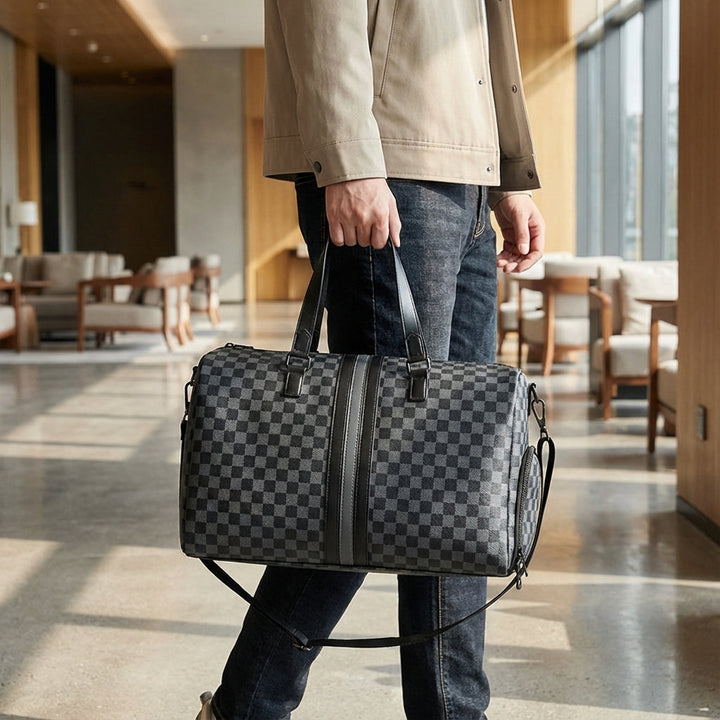 Ruime Checkerlyn reistas met stijlvol dambordpatroon, perfect voor weekendtrips. Comfortabele duffeltas.