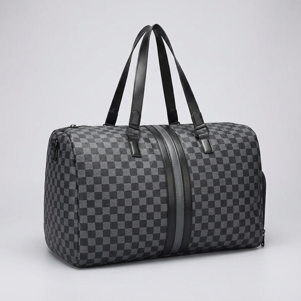 Grote, comfortabele dambord reistas; ideale handbagage voor reizen. Stijlvolle duffeltas voor al uw spullen.