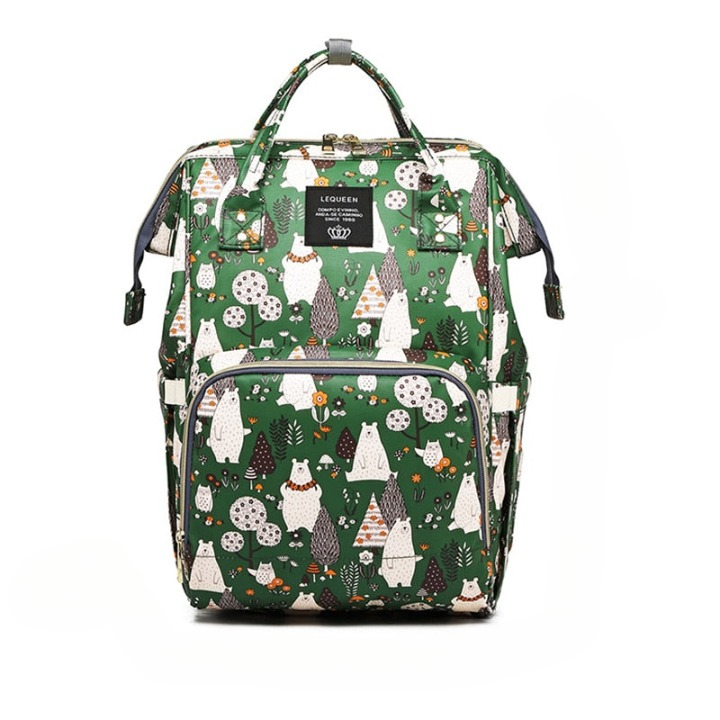 Elegante waterdichte luiertas rugzak met bloemenprint, georganiseerde vakken voor babyverzorging.