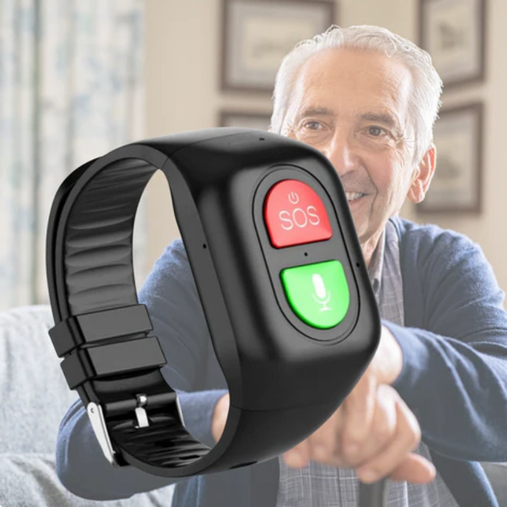 Detail van senioren smartwatch 4G met helder display, toont gezondheidsmonitor en makkelijk bereikbare SOS-knop.