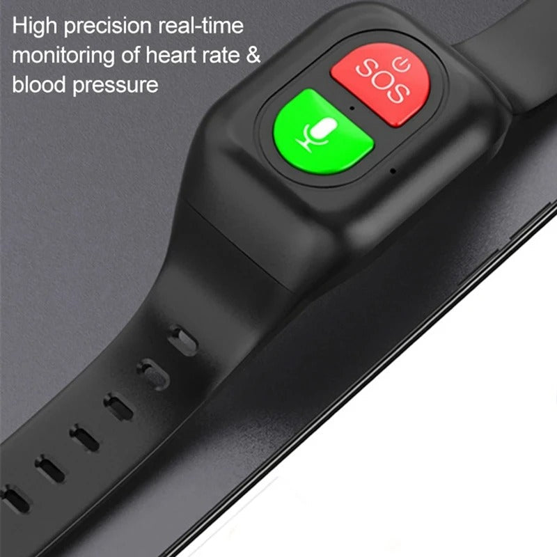 Zwarte senioren smartwatch met GPS-functie om de locatie van ouderen te volgen; ideaal voor veiligheid en gemoedsrust.