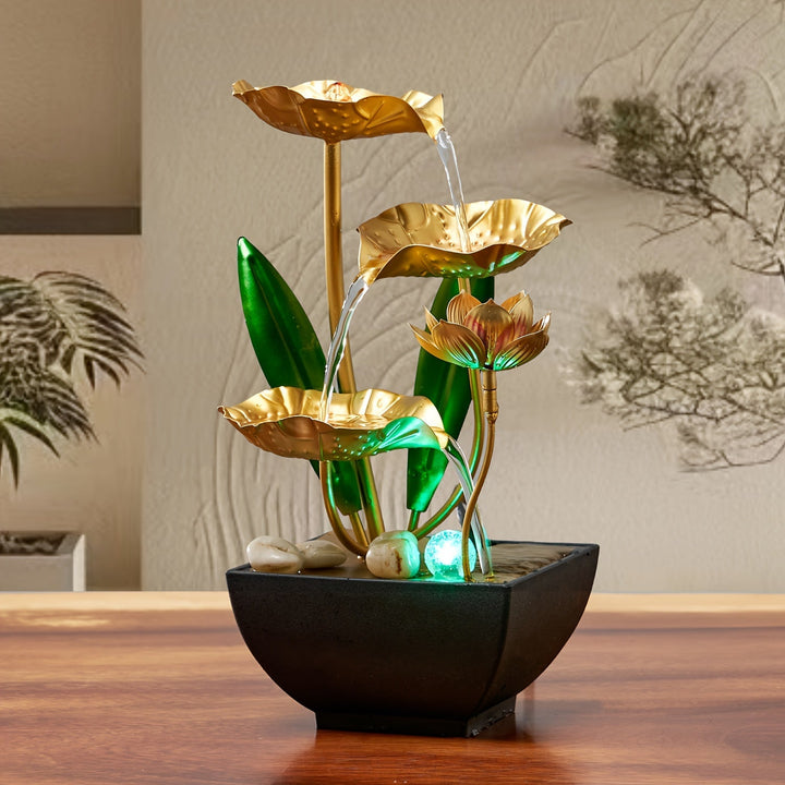 Serene Lotus binnenfontein met rustgevend watergeluid en led verlichting voor sfeervolle decoratie in elk interieur.