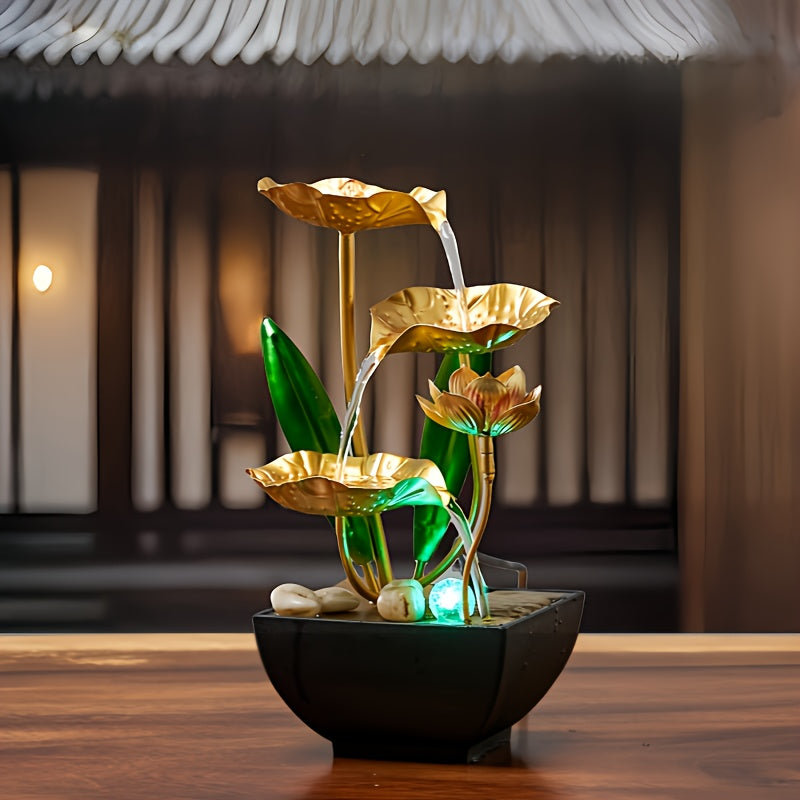 Rustgevende lotus waterfontein met kalmerende klanken, perfect voor ontspanning en een serene sfeer in huis.
