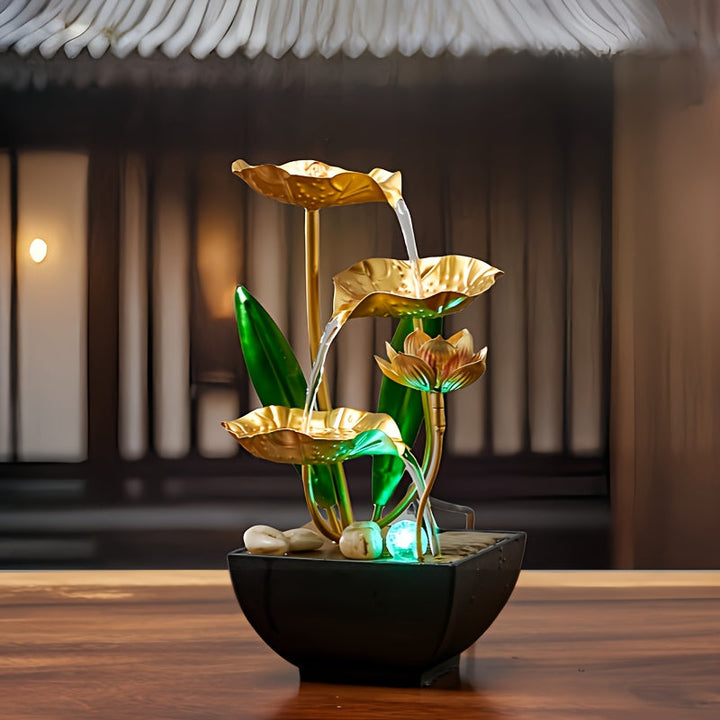 Rustgevende lotus waterfontein met kalmerende klanken, perfect voor ontspanning en een serene sfeer in huis.