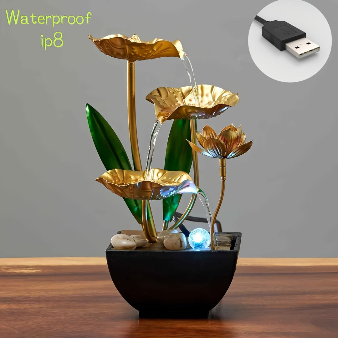 Elegante binnenfontein met lotus design en zachte led verlichting, ideaal als stijlvolle interieur decoratie.