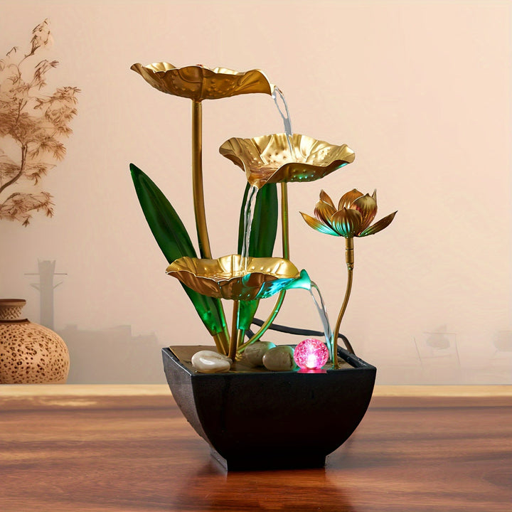 Gedetailleerde weergave van de Serene Lotus binnenfontein, met stromend water en subtiele led verlichting voor rust.
