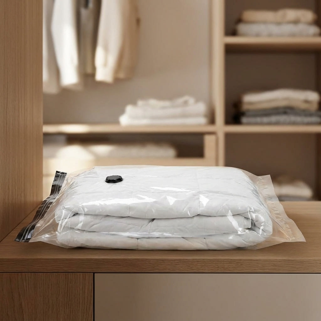 Set herbruikbare VacuumVault vacuüm opbergzakken voor maximale ruimtebesparing en textielbescherming, ideaal voor kleding.