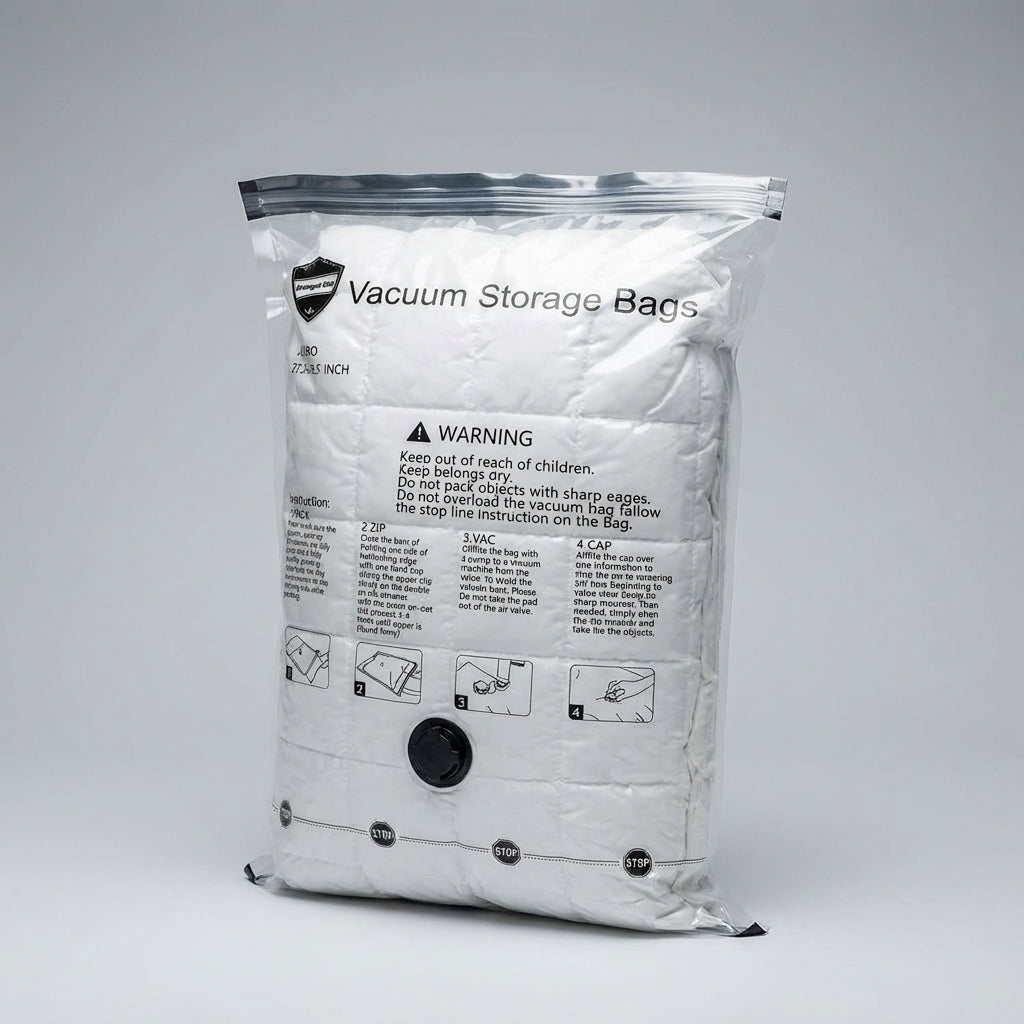 Vacuüm opbergzakken tonen het indrukwekkende ruimtebesparende effect op kleding en beddengoed, perfect voor reizen of opslag.