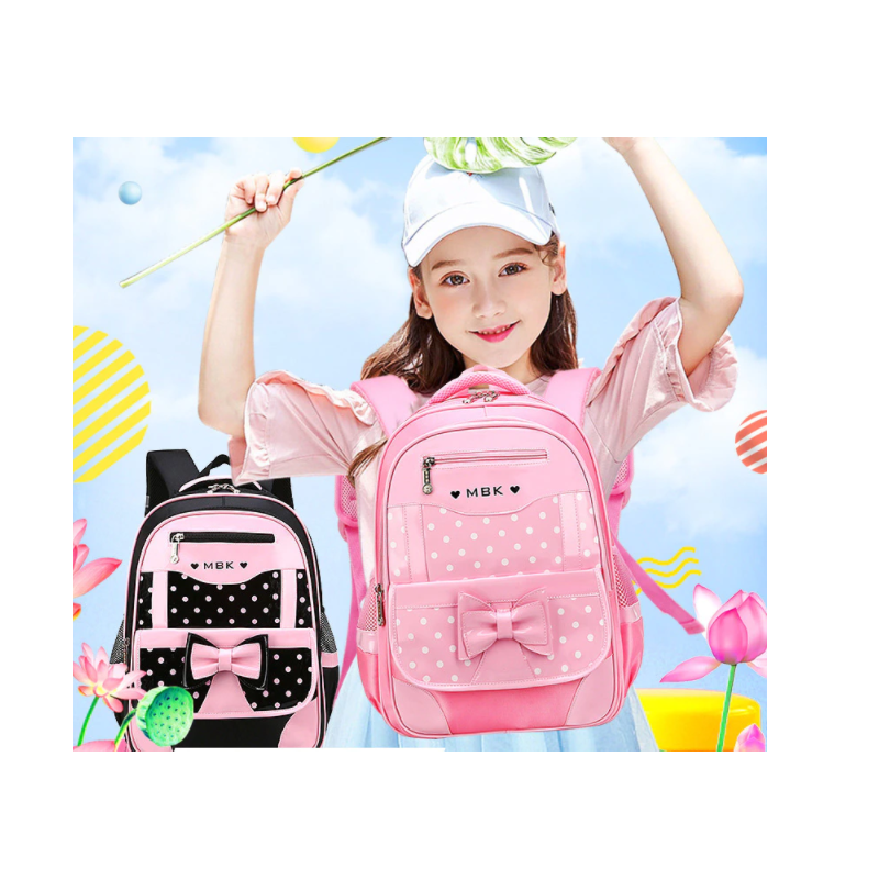 Shelly schooltas voor meiden, roze met zwarte stippen. Ruime, waterdichte rugzak voor schoolbenodigdheden.