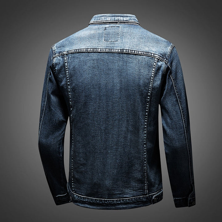 "Slim fit denimjack heren, retro motorstijl, biker look, stretch katoen, turn-down kraag, knoopsluiting, streetwear casual"