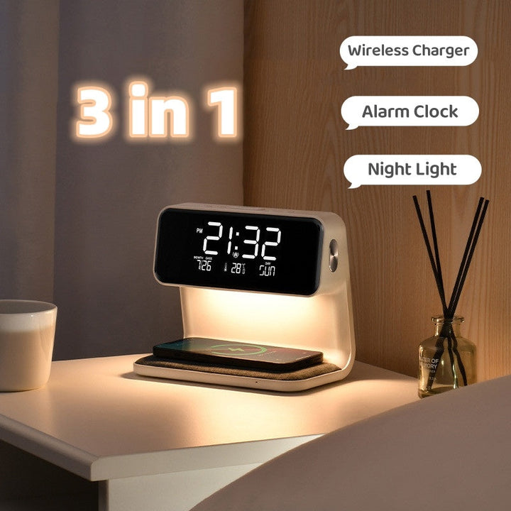 Slimme 3-in-1 bedlamp met draadloze oplader, dimbare LED verlichting en digitale wekker.