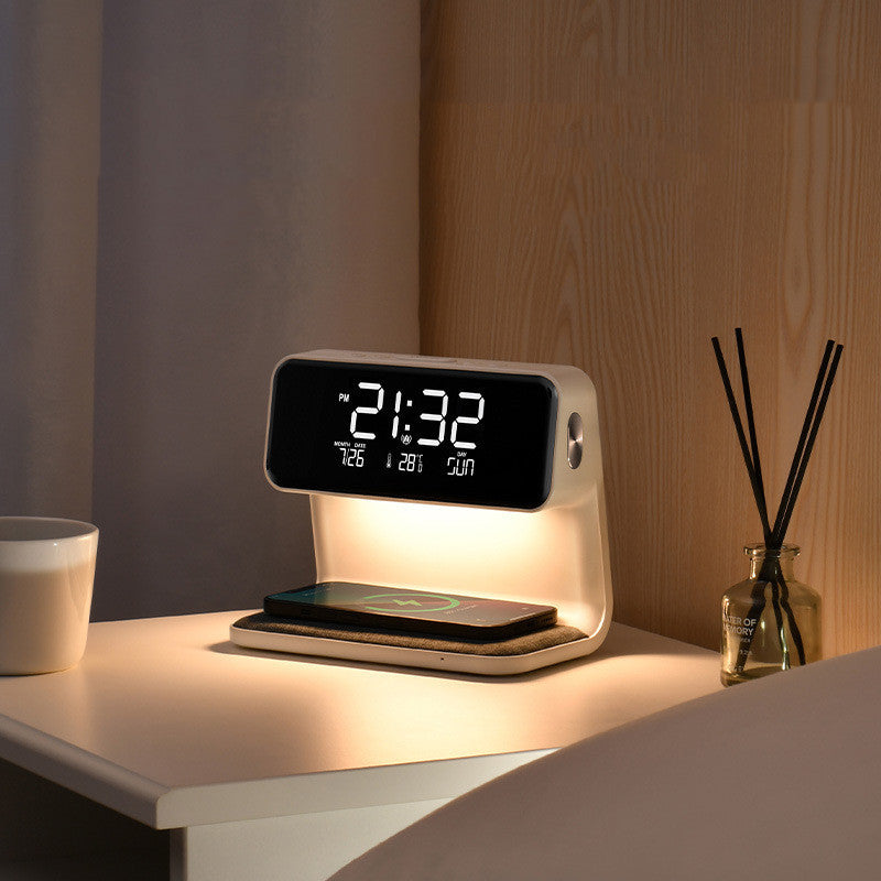 Multifunctionele slimme bedlamp met dimbare LED, draadloos laden en wekkerfunctie voor de slaapkamer.