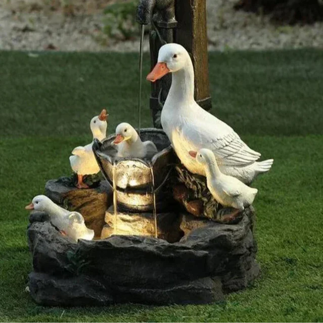 Tuin fontein met eend en eekhoorn, aangedreven door zonne-energie, inclusief LED verlichting.