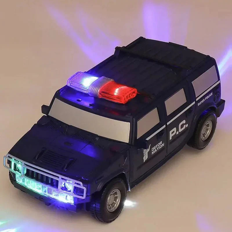 "Speelgoed transformerende robotauto verandert van politieauto naar robot met LED-lichten en 360° driftwielen"