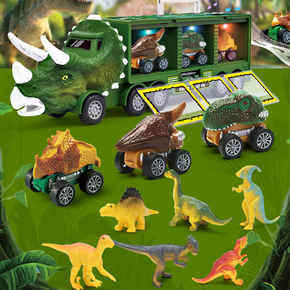 "Speelgoedvrachtwagen met dino, licht- en geluidseffecten, kleurrijk ontwerp, stimuleert kinderverbeelding, autootjes inbegre