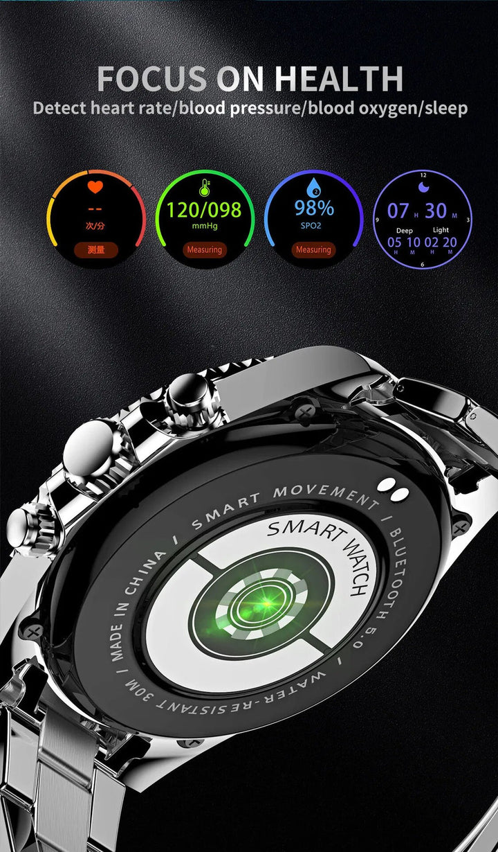 Stalen TimeMaster smartwatch met blauw staal en touchscreen, stijlvol ontwerp voor de moderne man, veelzijdige kleuren.