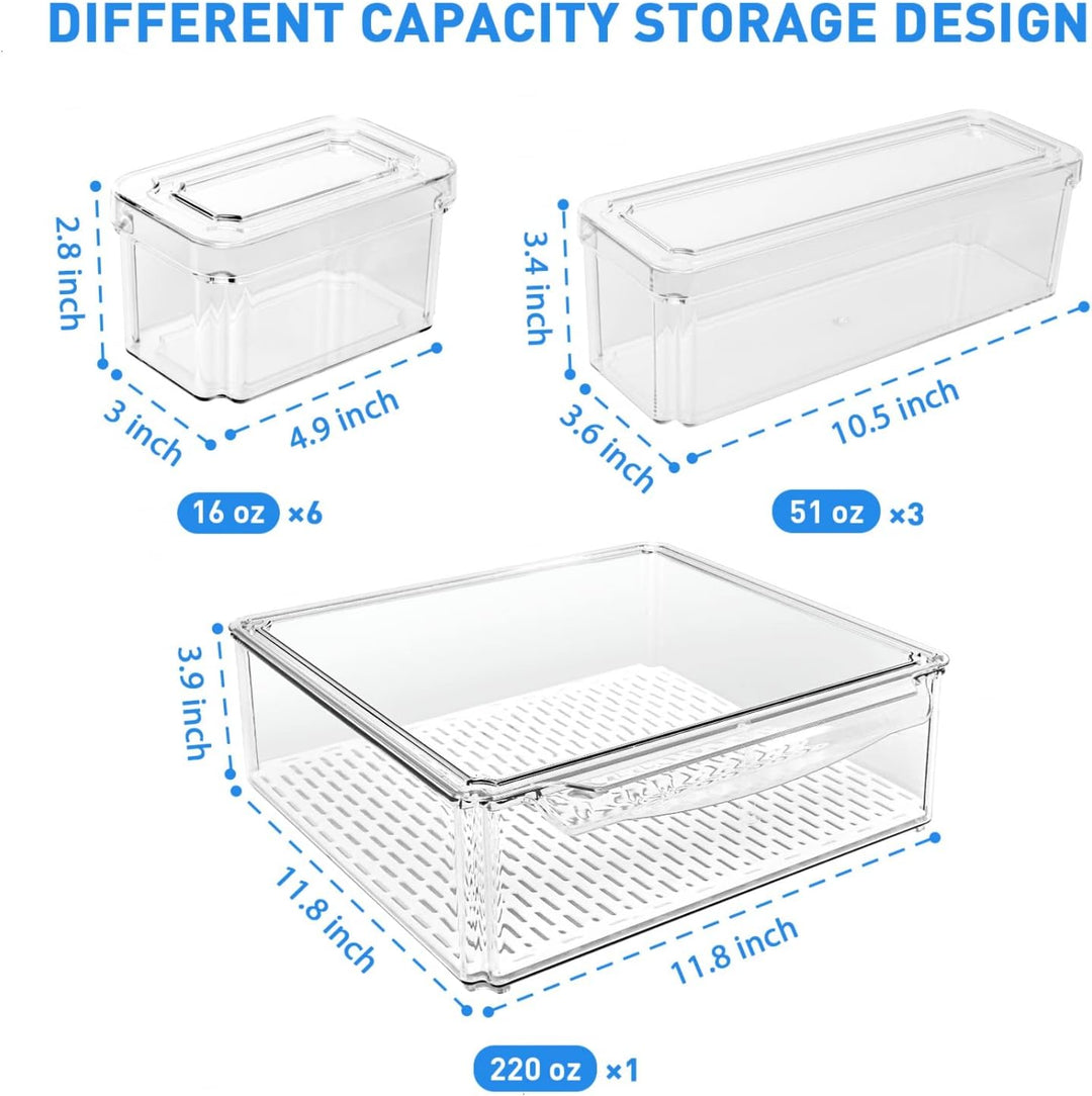 Stapelbare koelkast organizers set, 10 stuks, BPA-vrij, transparant, met deksels voor fruit en groenten, ruimtebesparend.