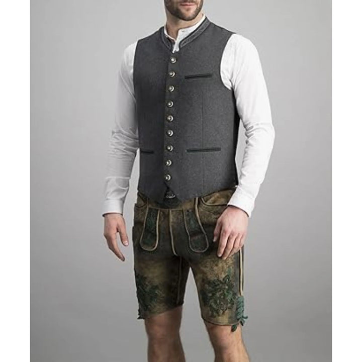 Elegant grijs heren gilet met klassieke kraag, ideaal voor feestkleding of als veelzijdig mode-item.