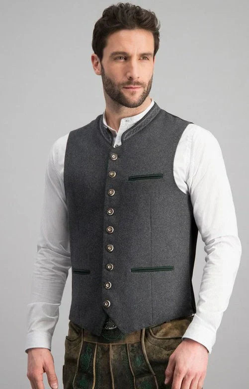 Klassiek grijs heren gilet met verfijnde kraag, een essentieel kledingstuk voor de moderne man.