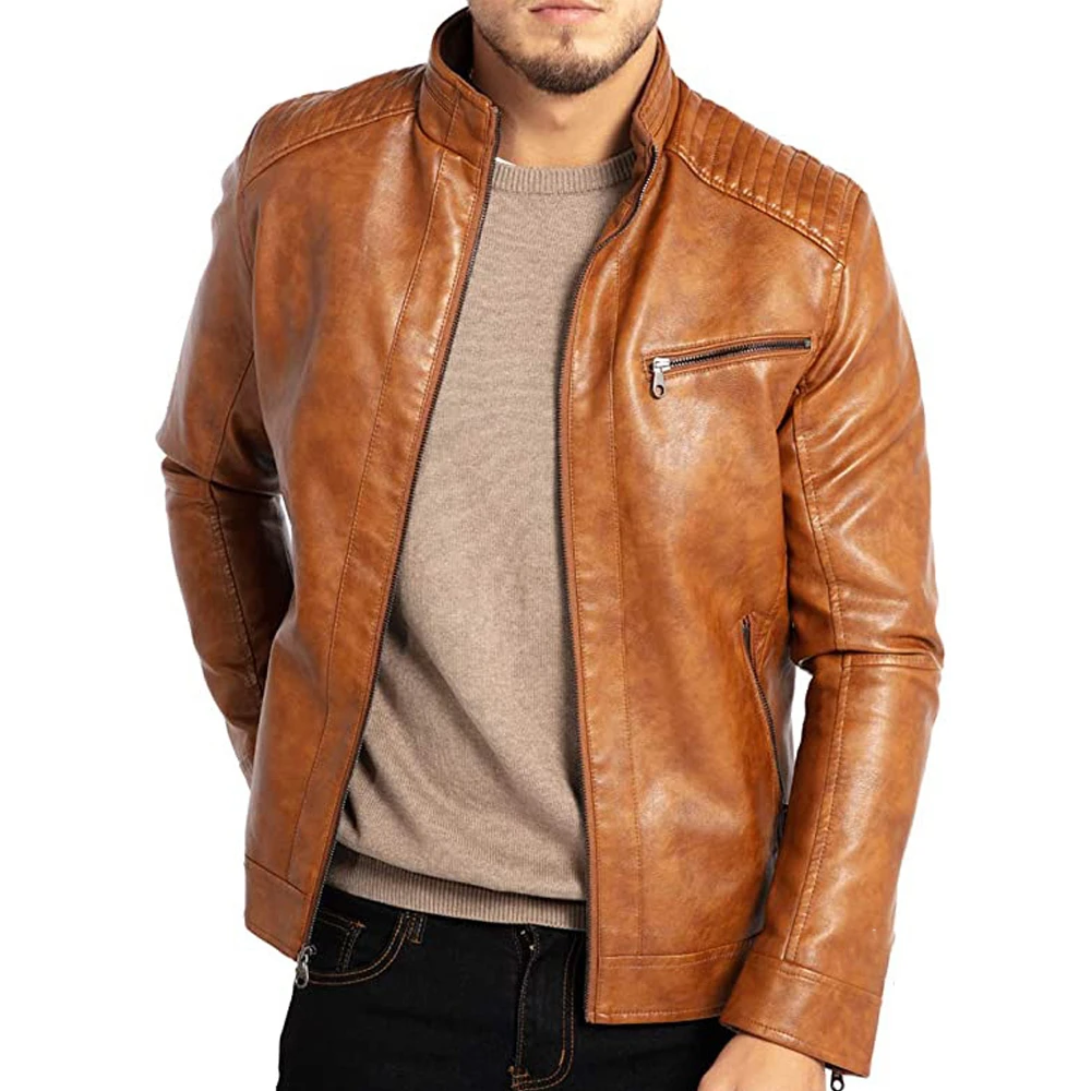 Stijlvol heren bikerjack met opstaande kraag, ritssluiting en moderne pasvorm, perfect voor casual herenmode.
